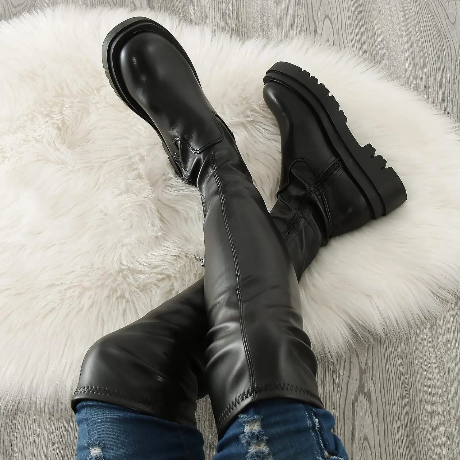 SBGMoSJ Boots for Women Over the Knee Thigh High Boots Pointed Toe Knitting Block Heel Stretchy Long Winter Fall Boots Cowgirl Boots Wide Calf Winter Fashion Booties Solid Color Long Boots