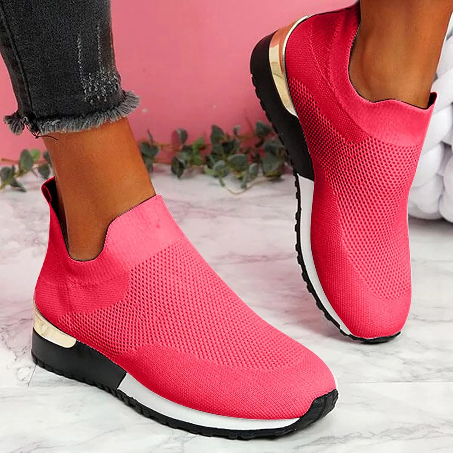SBGMoSJ Women's Fashion Sneakers Lace-Up Woven Knit Upper Women's Wedge Fashion Sneakers Black Shoes Women Slip Ons Womens Fashion Sneakers Athletic Shoes Women Size 5.5