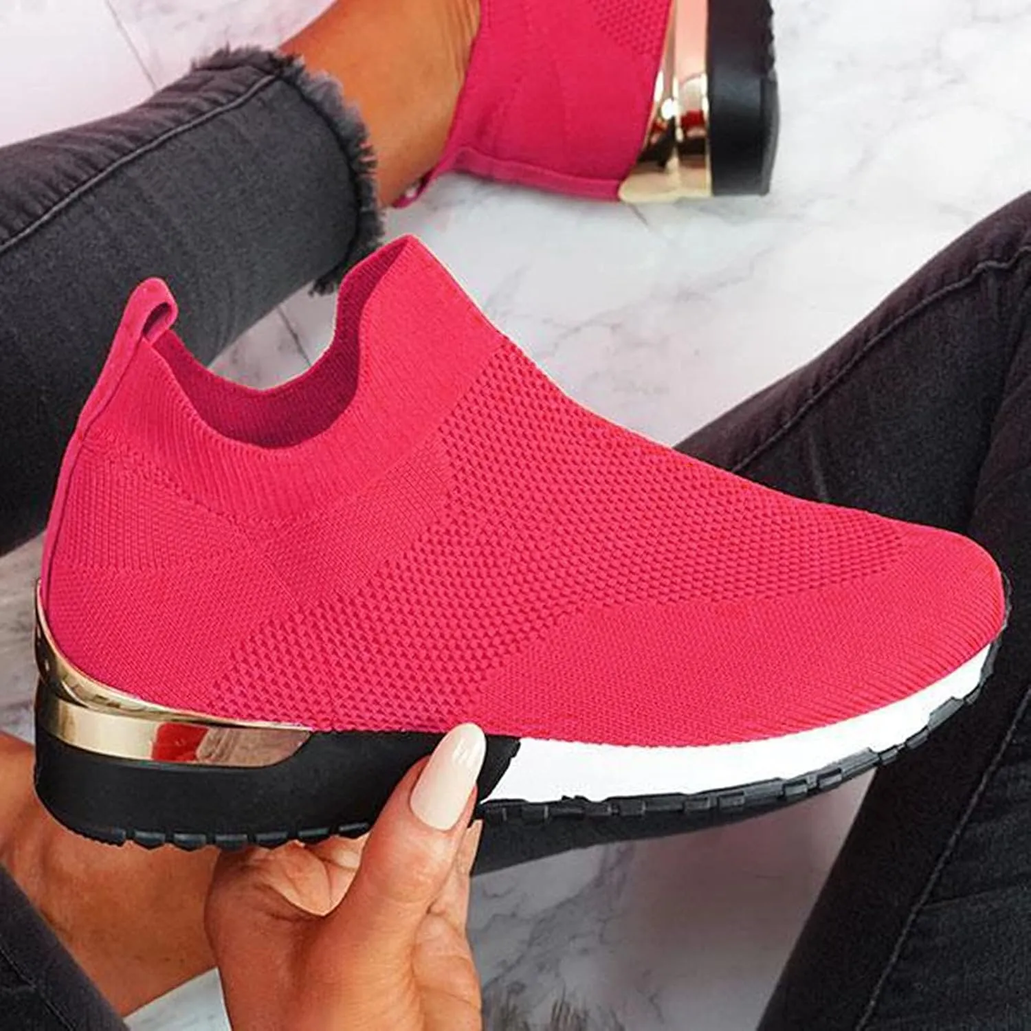 SBGMoSJ Women's Fashion Sneakers Lace-Up Woven Knit Upper Women's Wedge Fashion Sneakers Black Shoes Women Slip Ons Womens Fashion Sneakers Athletic Shoes Women Size 5.5