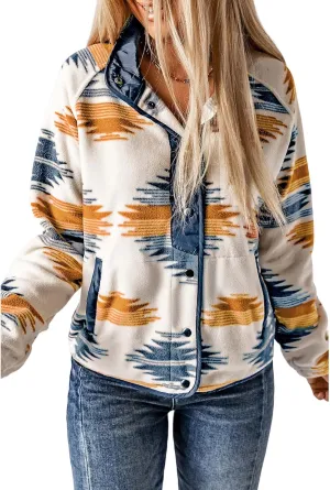 SELINK Womens Fleece Jacket Western Aztec Print Long Sleeve Snap Button Down Shacket Jackets with Pockets