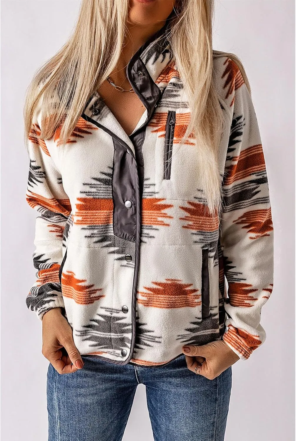 SELINK Womens Fleece Jacket Western Aztec Print Long Sleeve Snap Button Down Shacket Jackets with Pockets