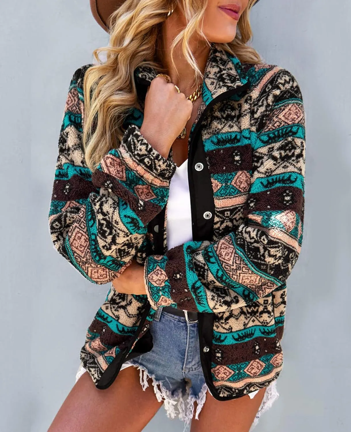 SELINK Womens Fleece Jacket Western Aztec Print Long Sleeve Snap Button Down Shacket Jackets with Pockets