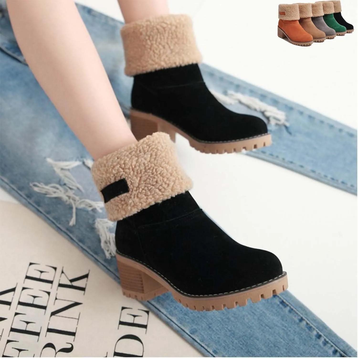 Seniors' Chunky Heel Winter Boots, Winter Boots, Comfortable Slip-On Warm Snow Boots