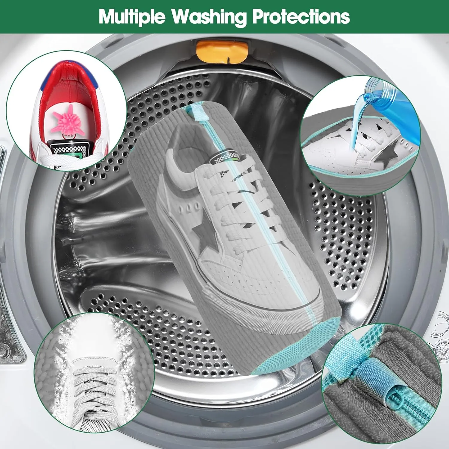 Shoe Washing Machine Bag, Sneaker Cleaner Kit with 10 Washer Balls for Gym Sneakers and Flats, Shoe Laundry Bag with Zipper Protection Design,Large Size for Women's, Men's, and Kid's Shoes