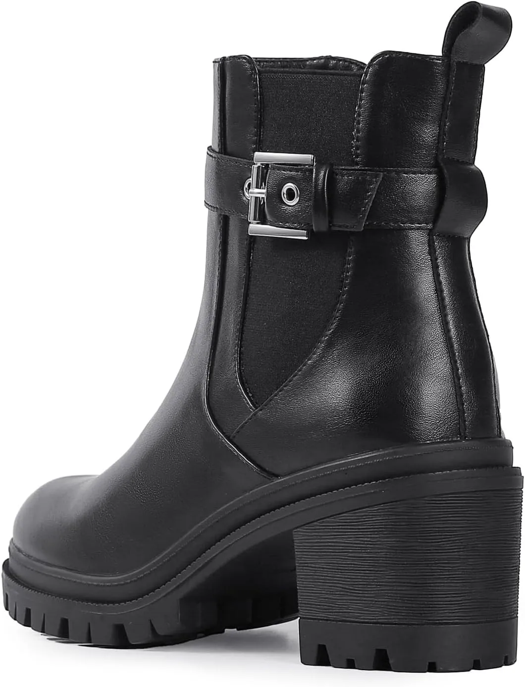 Shoe'N Tale Chelsea Boots for Women Ankle Boots Lug Sole Mid Chunky Heel Platform Round Toe Buckle Slip On Elastic Fashion Comfortable Booties