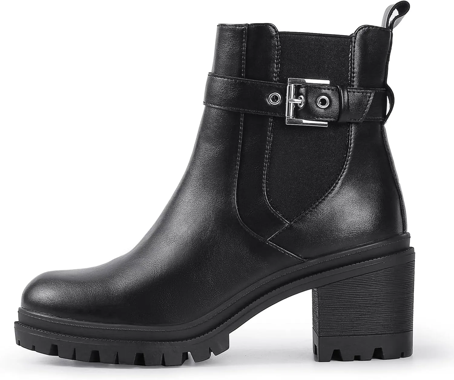 Shoe'N Tale Chelsea Boots for Women Ankle Boots Lug Sole Mid Chunky Heel Platform Round Toe Buckle Slip On Elastic Fashion Comfortable Booties