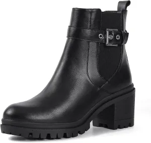 Shoe'N Tale Chelsea Boots for Women Ankle Boots Lug Sole Mid Chunky Heel Platform Round Toe Buckle Slip On Elastic Fashion Comfortable Booties