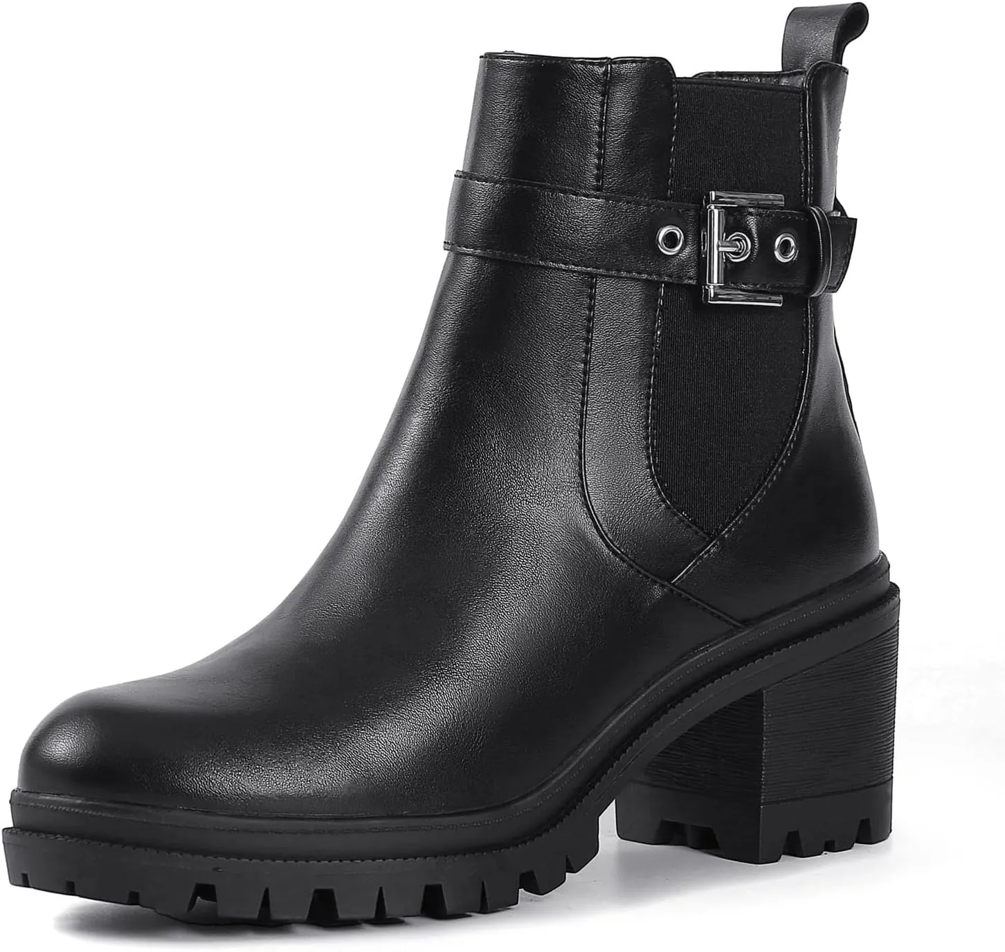 Shoe'N Tale Chelsea Boots for Women Ankle Boots Lug Sole Mid Chunky Heel Platform Round Toe Buckle Slip On Elastic Fashion Comfortable Booties
