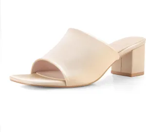 Shoe'N Tale Heeled Sandals For Women Square Open Toe Heeled Mules Chunky Block Low Heel Slip On Slides