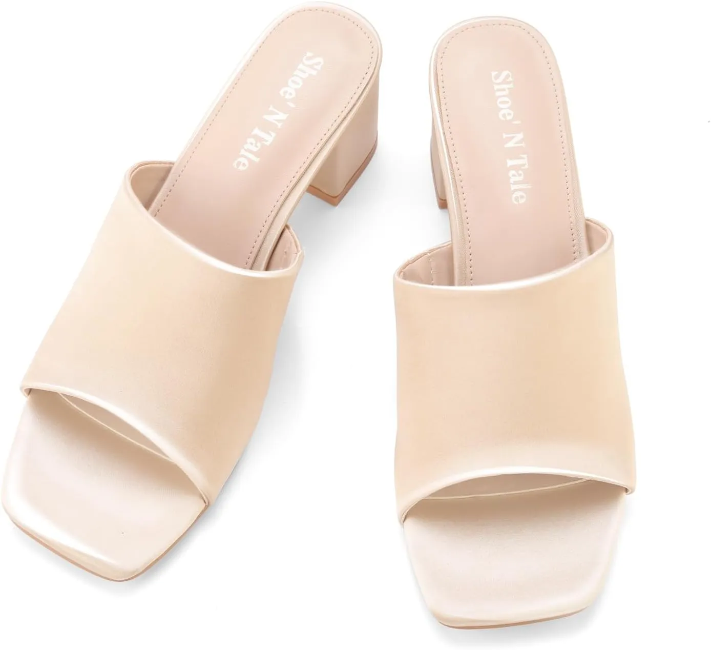 Shoe'N Tale Heeled Sandals For Women Square Open Toe Heeled Mules Chunky Block Low Heel Slip On Slides