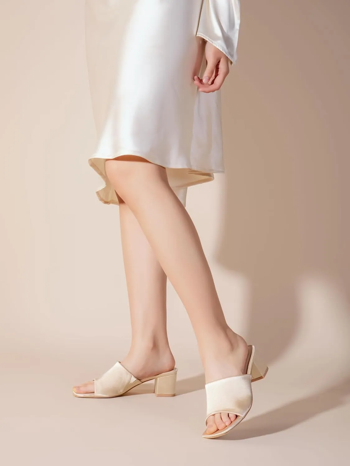 Shoe'N Tale Heeled Sandals For Women Square Open Toe Heeled Mules Chunky Block Low Heel Slip On Slides