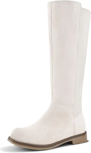 Shoe'N Tale Women's Knee High Boots Flat Low Heel Stretchy Round Toe with Side Zipper
