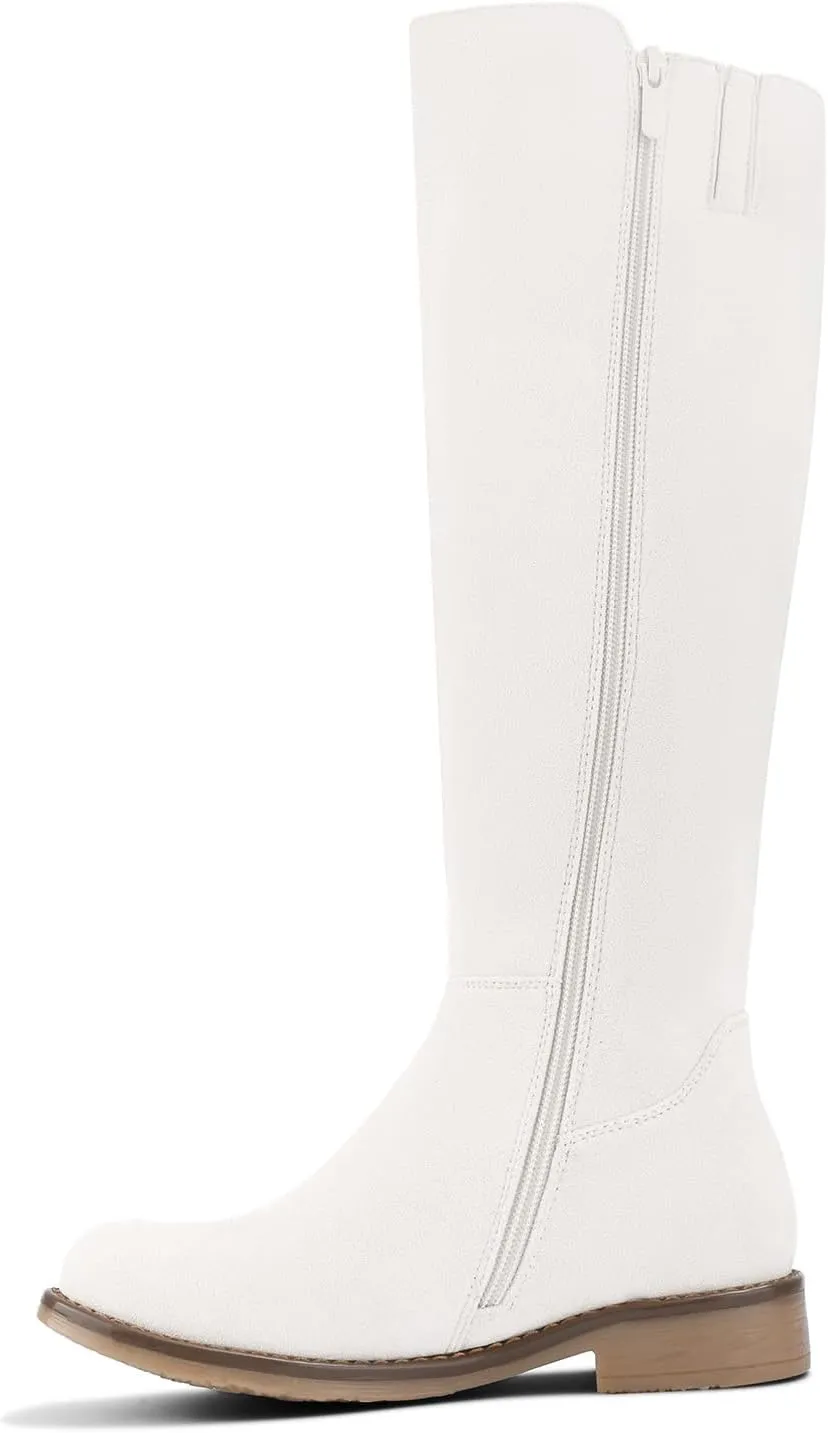 Shoe'N Tale Women's Knee High Boots Flat Low Heel Stretchy Round Toe with Side Zipper