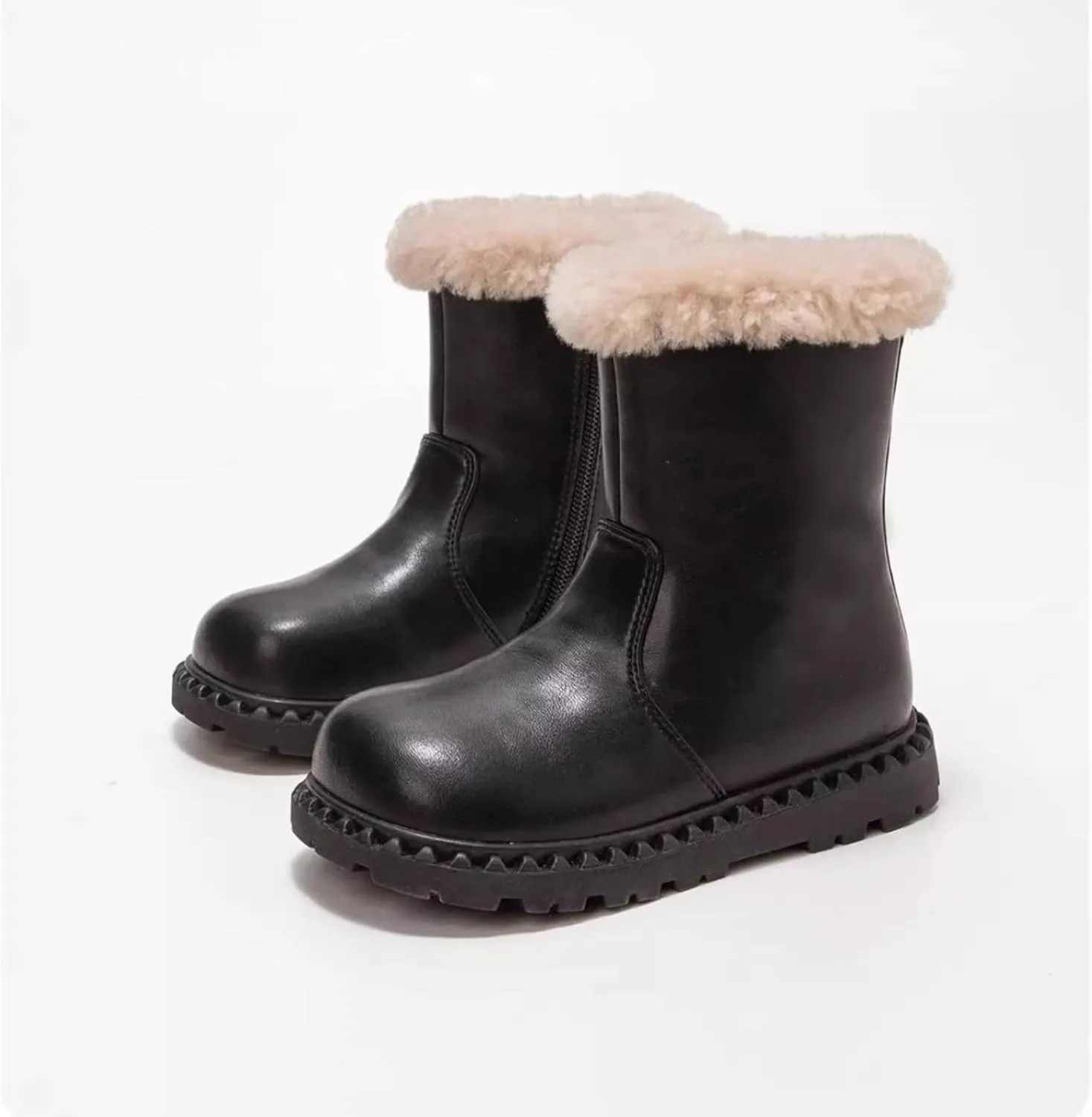 Side Zipper Leather Snow Booties For Girls Kids Childrens Fuzzy Boots Shoes Winter Outdoor 𝐖aterproof Sole Non Slip