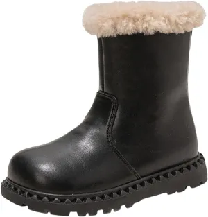 Side Zipper Leather Snow Booties For Girls Kids Childrens Fuzzy Boots Shoes Winter Outdoor 𝐖aterproof Sole Non Slip