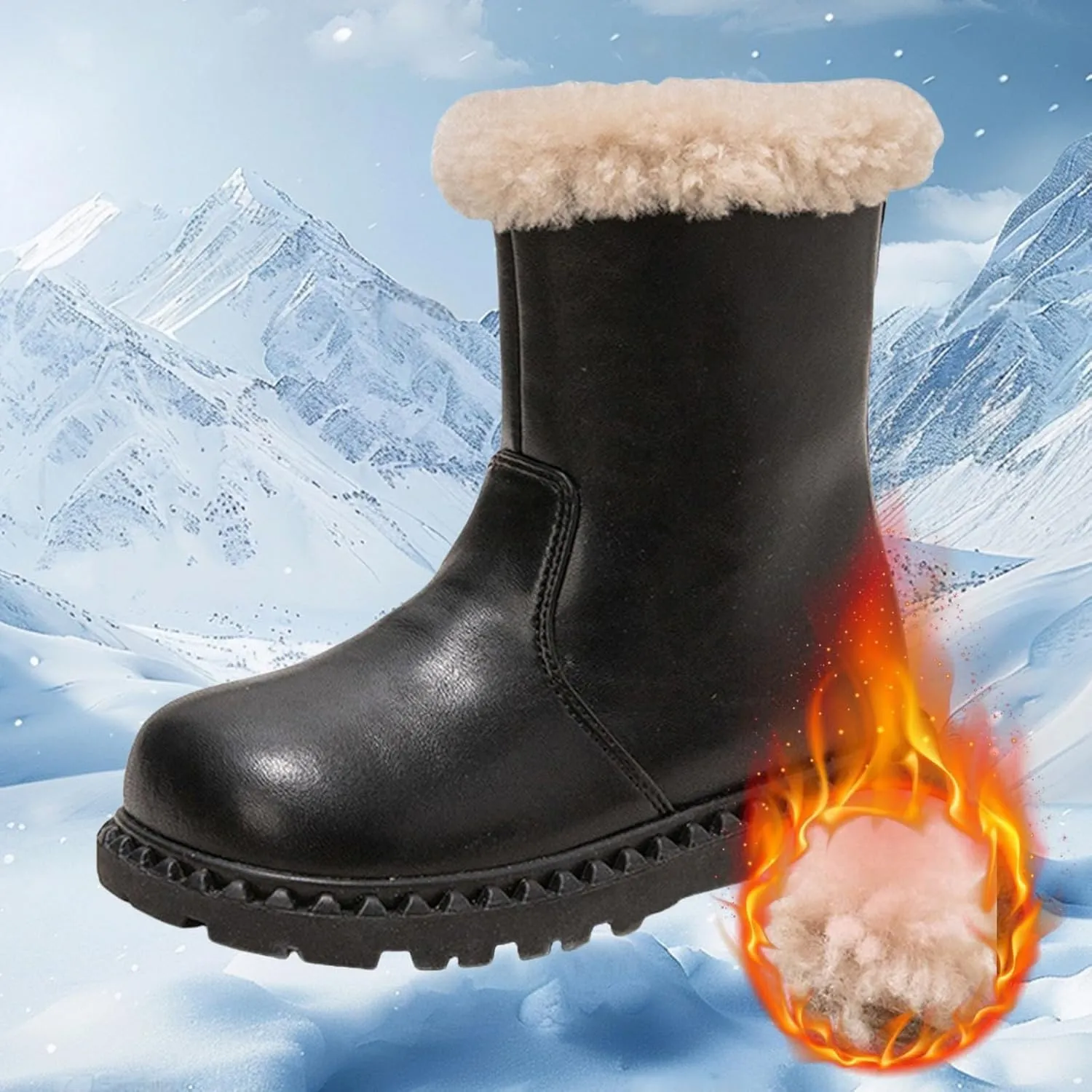 Side Zipper Leather Snow Booties For Girls Kids Childrens Fuzzy Boots Shoes Winter Outdoor 𝐖aterproof Sole Non Slip