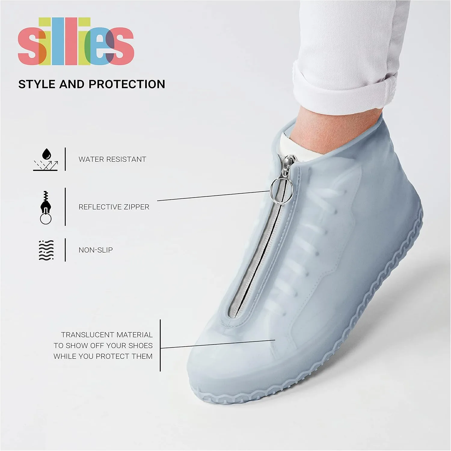 Sillies Waterproof Silicone Shoe Covers with Zipper for Rain, Snow, and Mud, Non-Slip Reusable Water and Dust Protectors for Sneakers, Boots, Bowling Shoes, Includes Matching Pouch