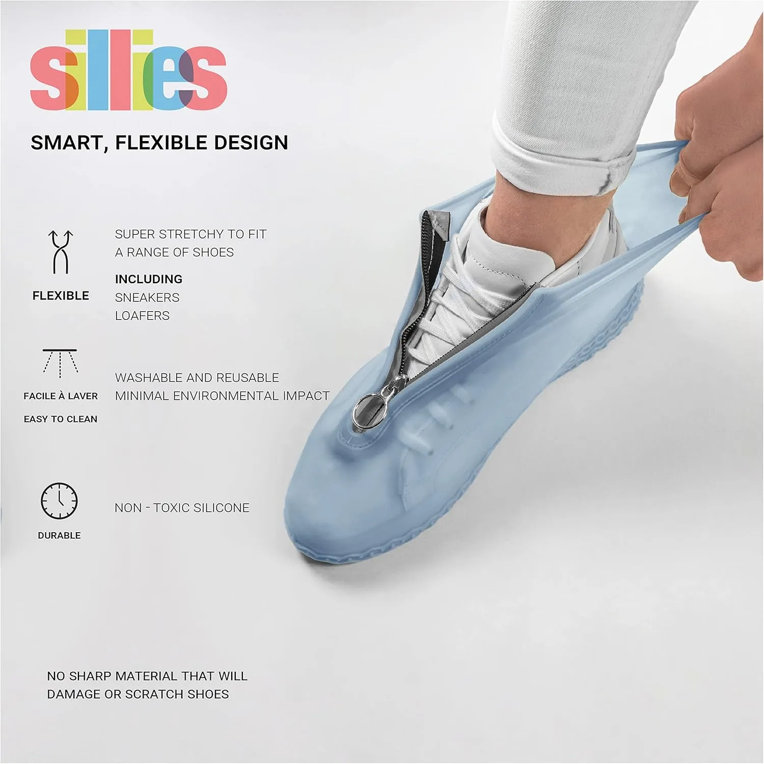 Sillies Waterproof Silicone Shoe Covers with Zipper for Rain, Snow, and Mud, Non-Slip Reusable Water and Dust Protectors for Sneakers, Boots, Bowling Shoes, Includes Matching Pouch