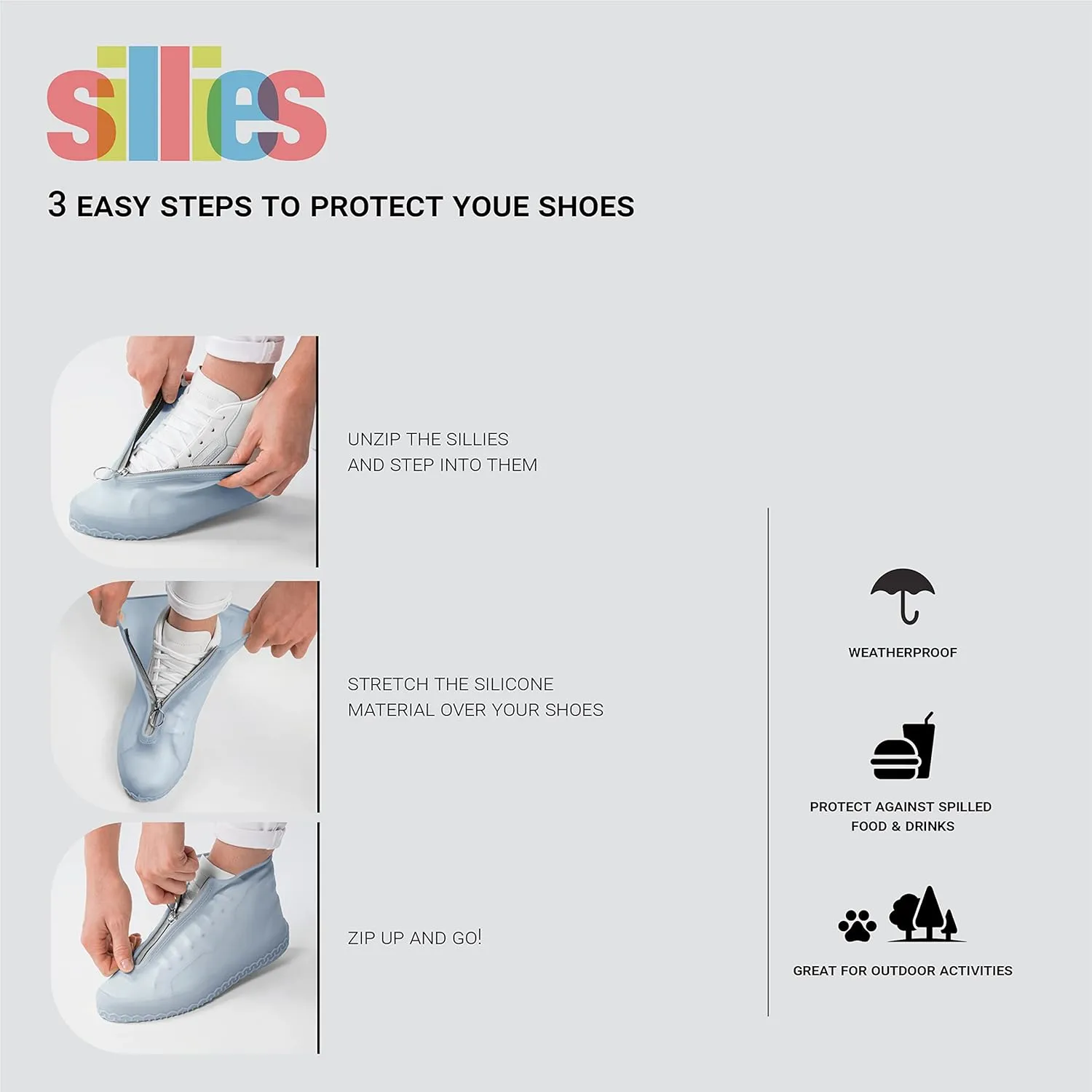 Sillies Waterproof Silicone Shoe Covers with Zipper for Rain, Snow, and Mud, Non-Slip Reusable Water and Dust Protectors for Sneakers, Boots, Bowling Shoes, Includes Matching Pouch