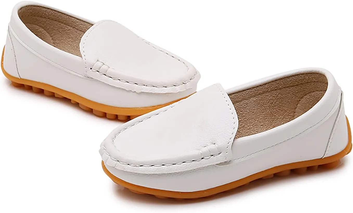 SOFMUO Boys Girls Leather Loafers Slip-On Oxford Flats Boat Dress Schooling Daily Walking Shoes(Toddler/Little Kids)
