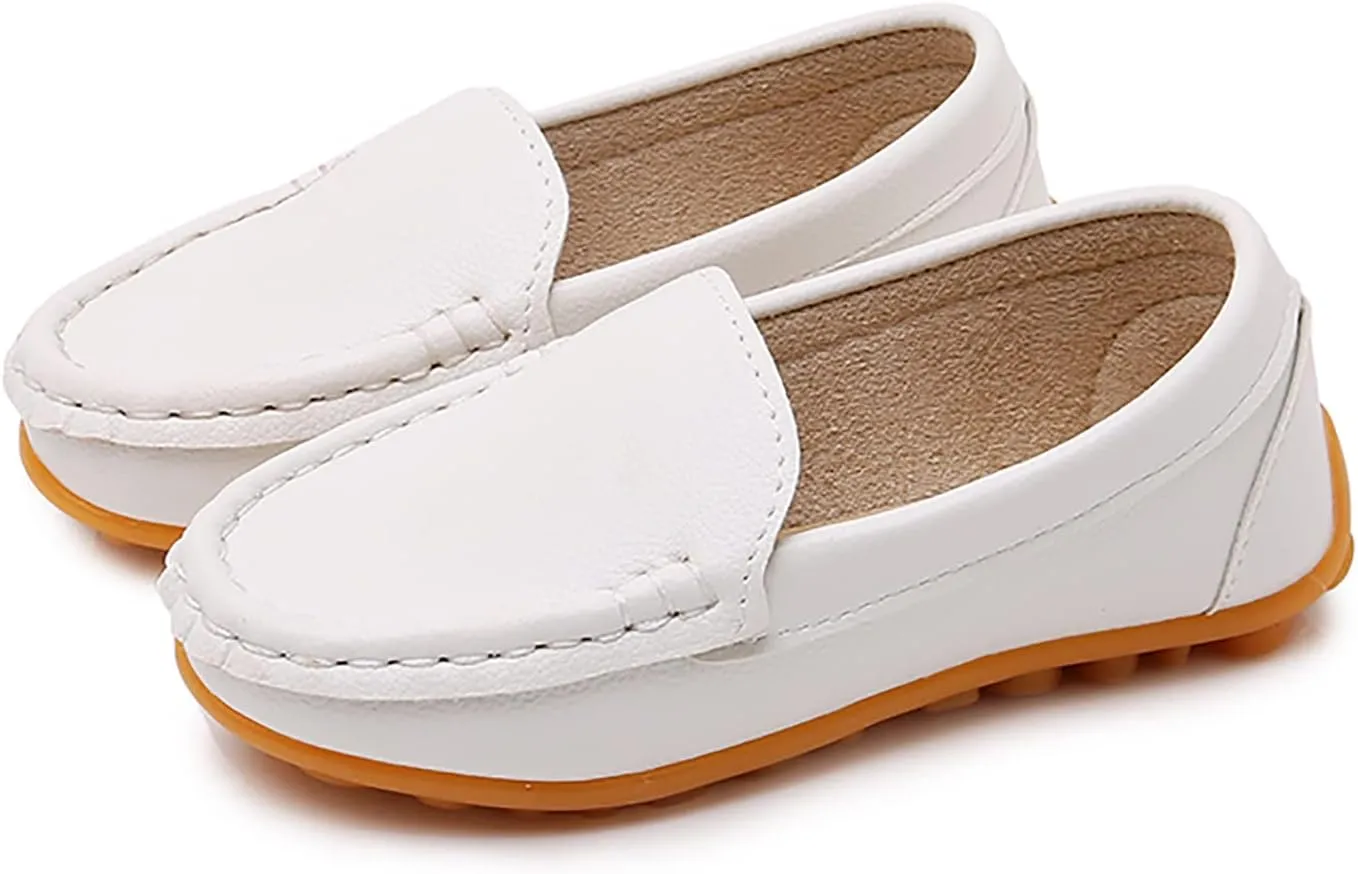 SOFMUO Boys Girls Leather Loafers Slip-On Oxford Flats Boat Dress Schooling Daily Walking Shoes(Toddler/Little Kids)