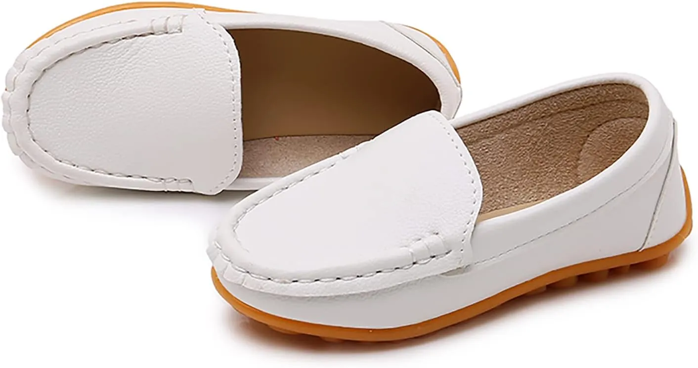 SOFMUO Boys Girls Leather Loafers Slip-On Oxford Flats Boat Dress Schooling Daily Walking Shoes(Toddler/Little Kids)