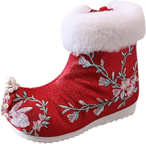 Soft Bottom Boots Baby Girls Ankle Pearl Boots Warm Cotton Boots Embroidered Boots National Boots (A, 12 Little Child)