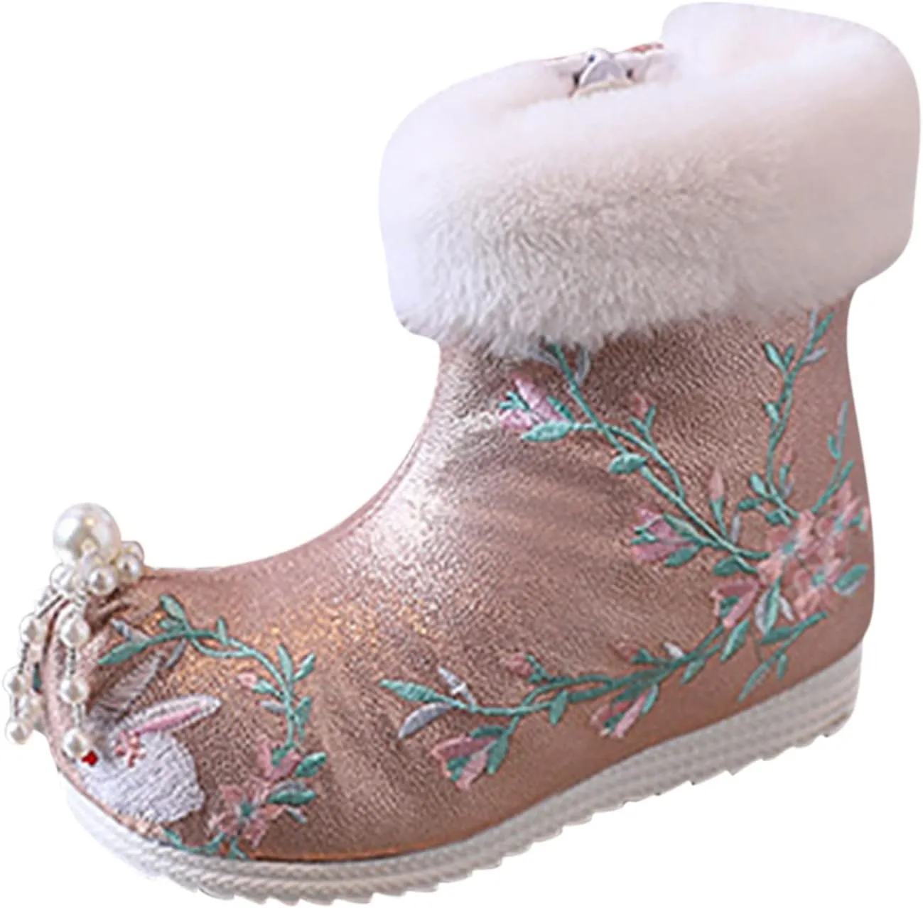 Soft Bottom Boots Baby Girls Ankle Pearl Boots Warm Cotton Boots Embroidered Boots National Boots (B, 1.5 Big Kids)