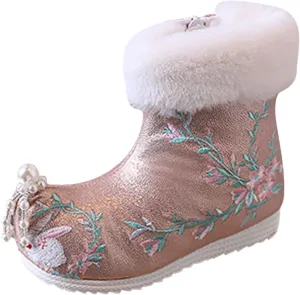 Soft Bottom Boots Baby Girls Ankle Pearl Boots Warm Cotton Boots Embroidered Boots National Boots (B, 1.5 Big Kids)
