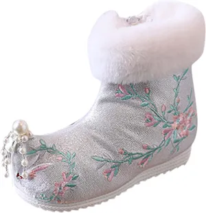 Soft Bottom Boots Baby Girls Ankle Pearl Boots Warm Cotton Boots Embroidered Boots National Boots (C, 12 Little Child)