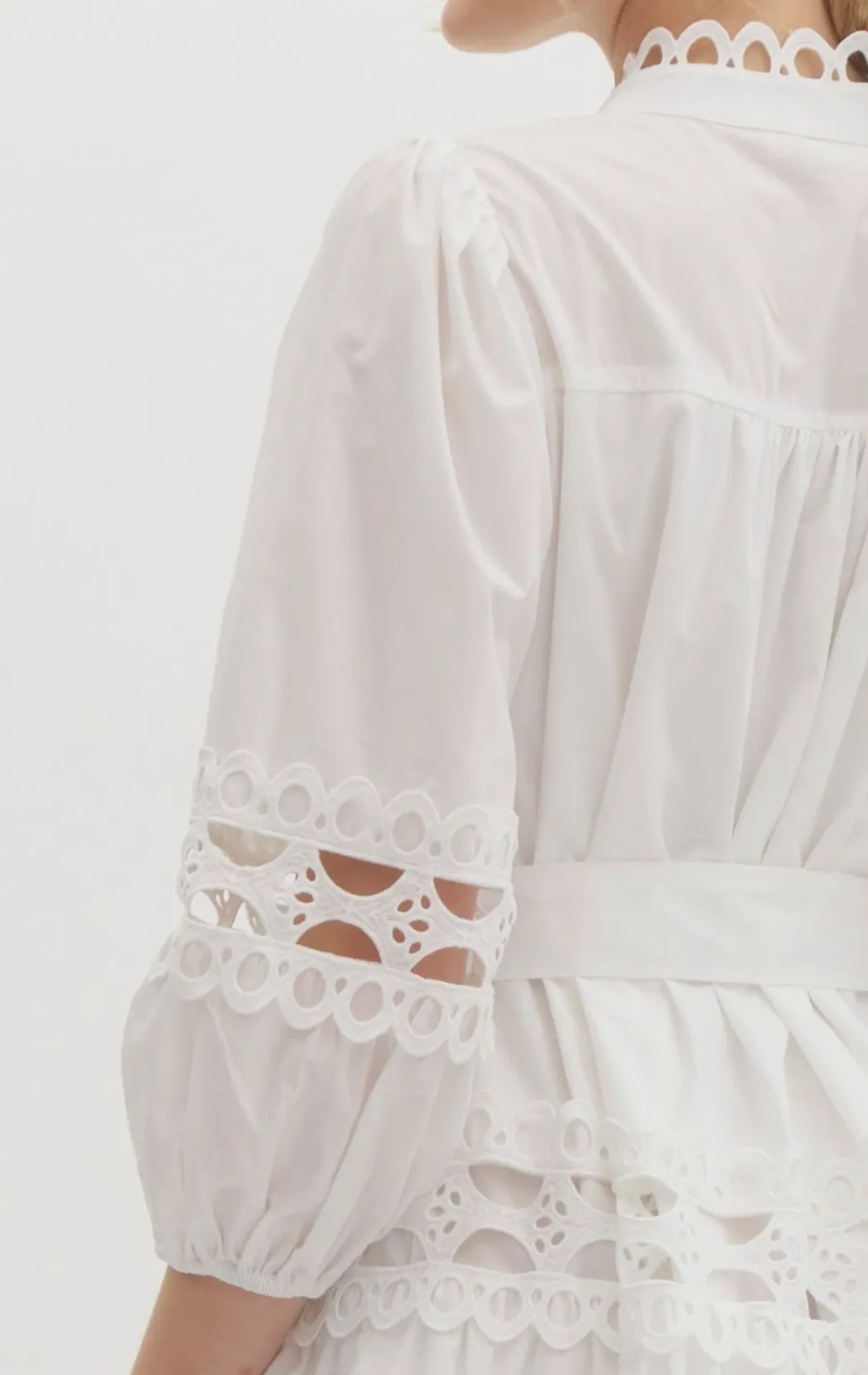 Solid ¾ Sleeve Pearl Button-Up Mini Dress Featuring Lace Trim Detail