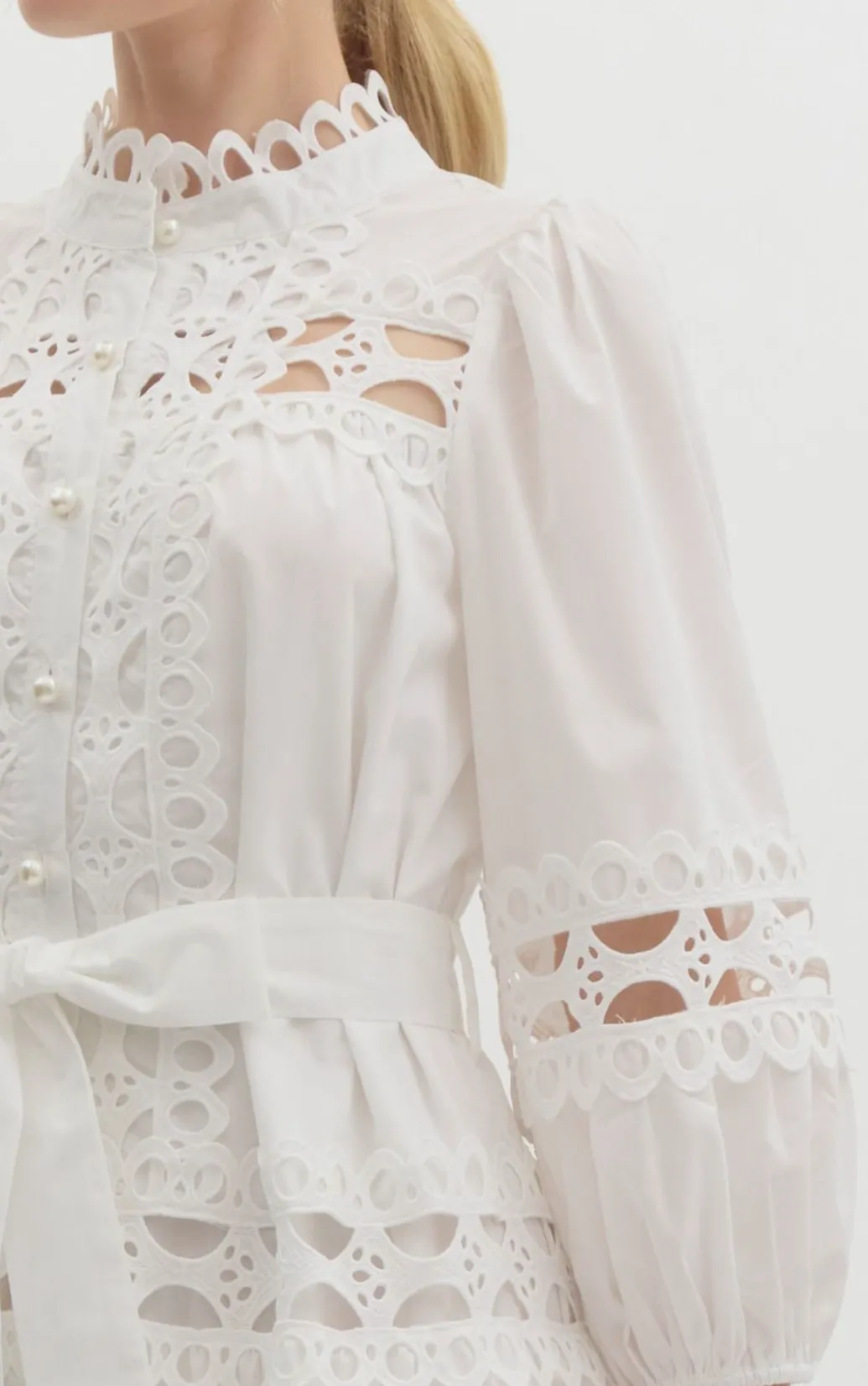Solid ¾ Sleeve Pearl Button-Up Mini Dress Featuring Lace Trim Detail