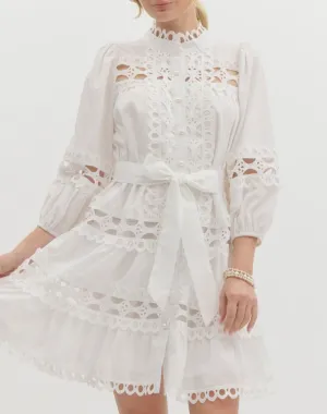 Solid ¾ Sleeve Pearl Button-Up Mini Dress Featuring Lace Trim Detail