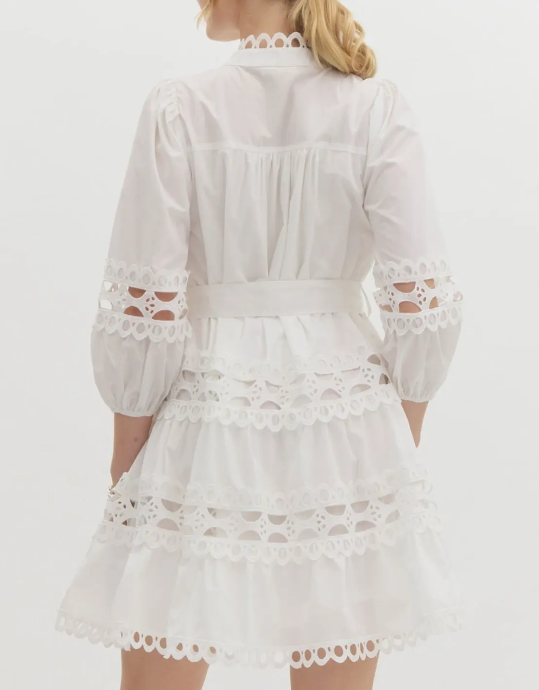 Solid ¾ Sleeve Pearl Button-Up Mini Dress Featuring Lace Trim Detail
