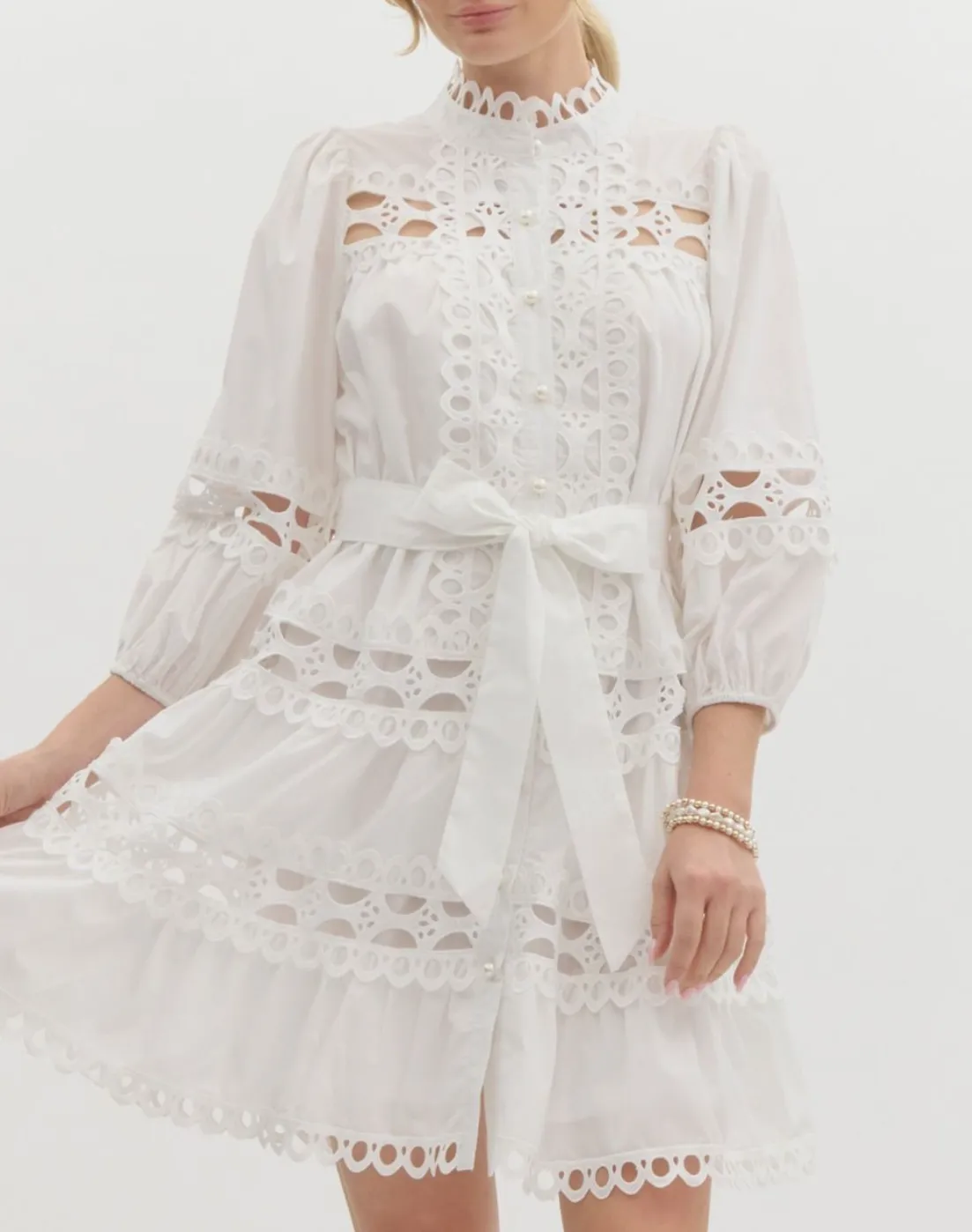 Solid ¾ Sleeve Pearl Button-Up Mini Dress Featuring Lace Trim Detail