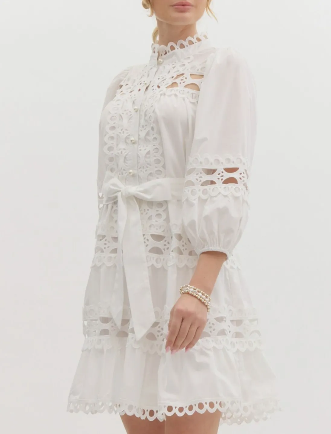 Solid ¾ Sleeve Pearl Button-Up Mini Dress Featuring Lace Trim Detail
