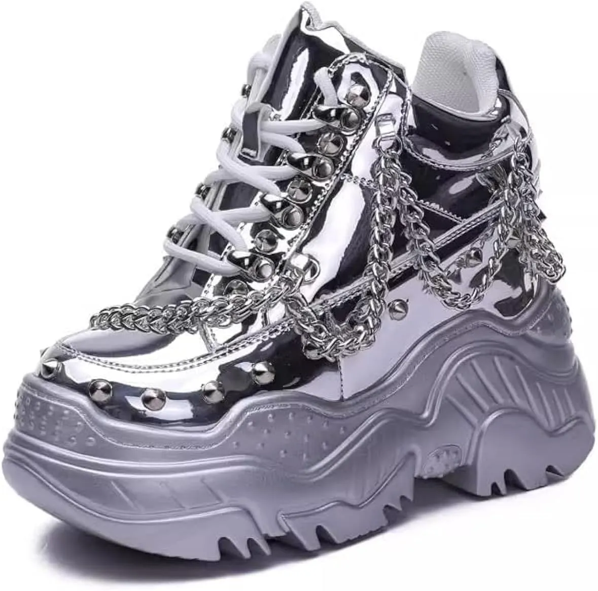 Spring Autumn Height Increasing Platform Metal Chain Rivet Genuine Leather Women Rainbow Color Sneakers Shoes Ladies Wedges Pumps 2401
