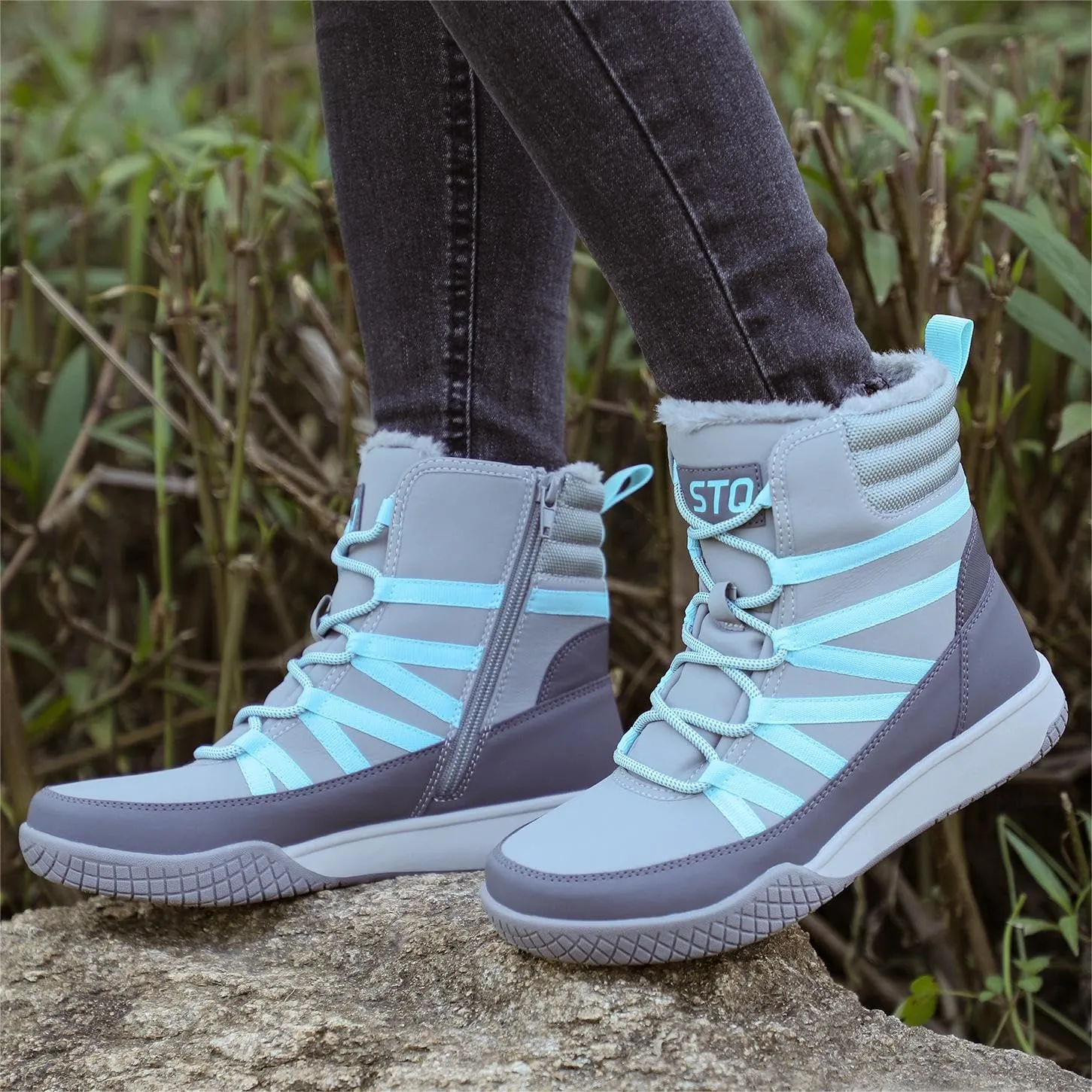 STQ Women's Winter Walking Boots Zip Up Lightweight Cozy Ankle Bootie with Laces