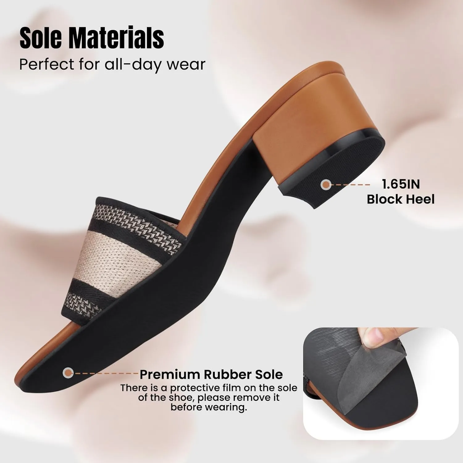 STUNAHOME Women's Heeled Sandals Low Block Chunky Heels Woven Embroidered Square Toe Slip on Heel Sandals Mules Comfortable Casual Summer Party Dress Shoes