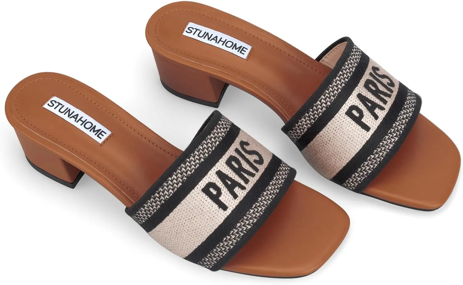 STUNAHOME Women's Heeled Sandals Low Block Chunky Heels Woven Embroidered Square Toe Slip on Heel Sandals Mules Comfortable Casual Summer Party Dress Shoes