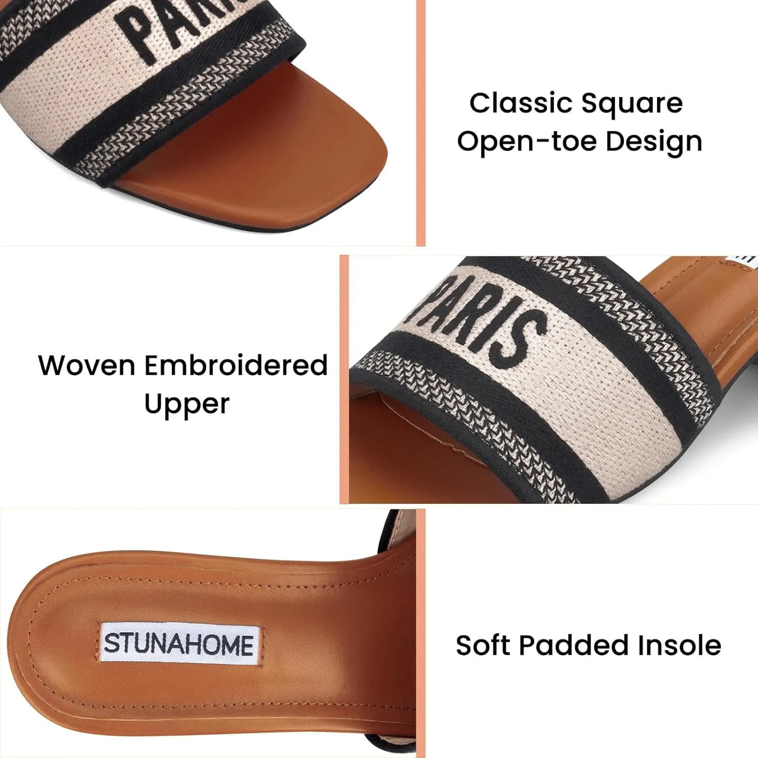 STUNAHOME Women's Heeled Sandals Low Block Chunky Heels Woven Embroidered Square Toe Slip on Heel Sandals Mules Comfortable Casual Summer Party Dress Shoes