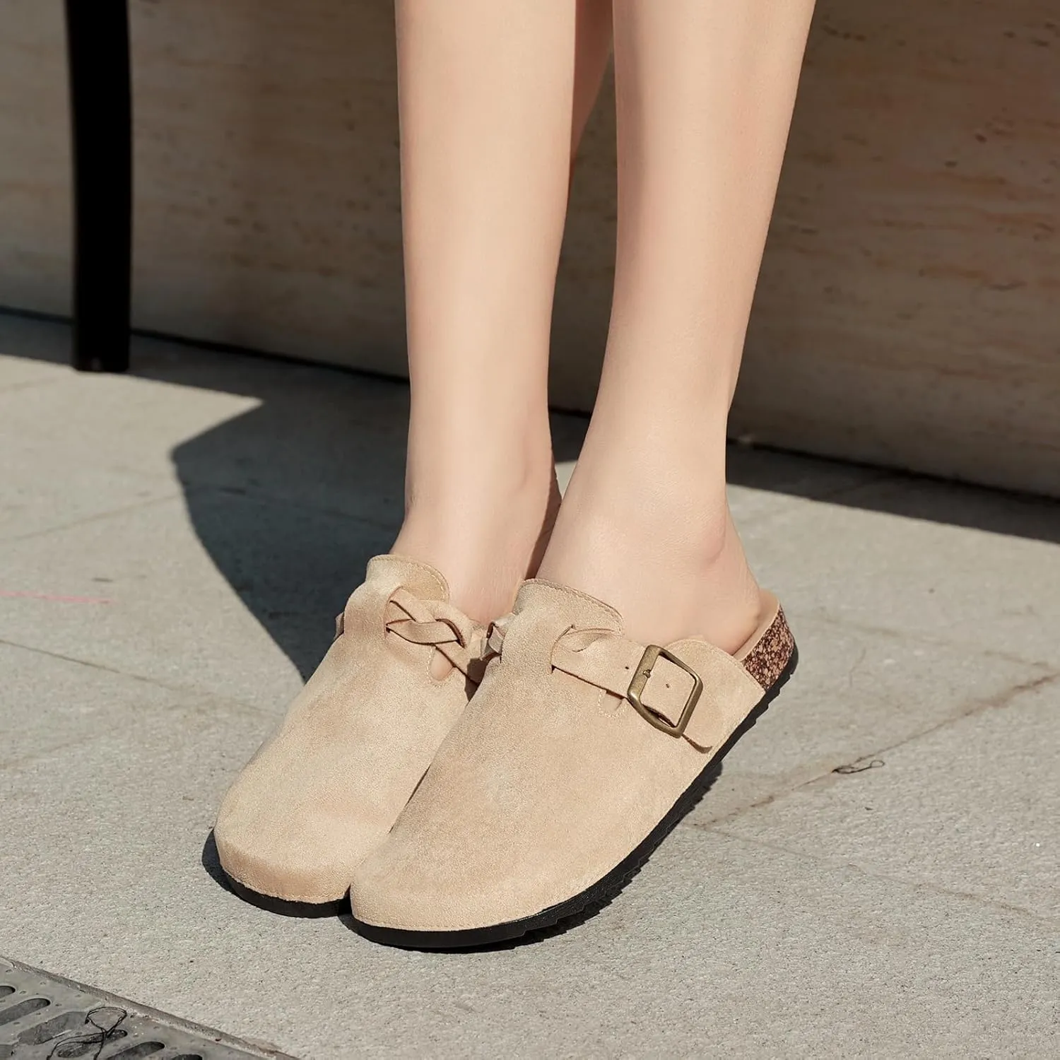 Suede Clogs for Women Men - Soft Cork Footbed Leather Mules with Arch Support, Adjustable Buckle Comfort Potato Shoes, Sandal Slippers