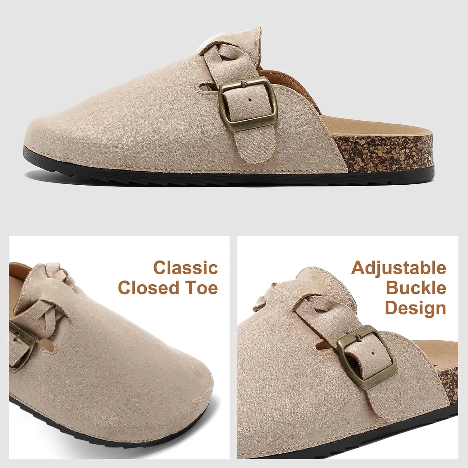 Suede Clogs for Women Men - Soft Cork Footbed Leather Mules with Arch Support, Adjustable Buckle Comfort Potato Shoes, Sandal Slippers