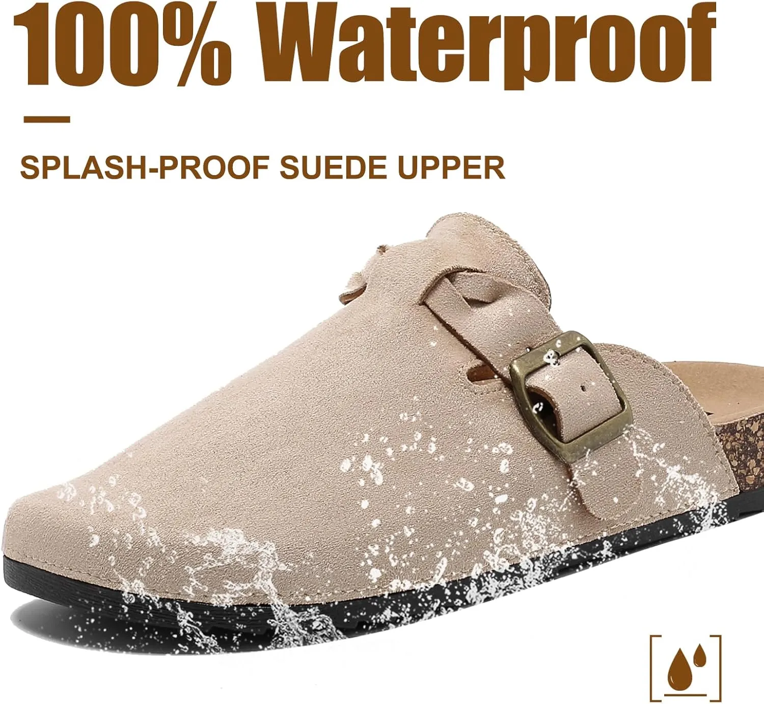 Suede Clogs for Women Men - Soft Cork Footbed Leather Mules with Arch Support, Adjustable Buckle Comfort Potato Shoes, Sandal Slippers