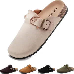 Suede Clogs for Women Men - Soft Cork Footbed Leather Mules with Arch Support, Adjustable Buckle Comfort Potato Shoes, Sandal Slippers