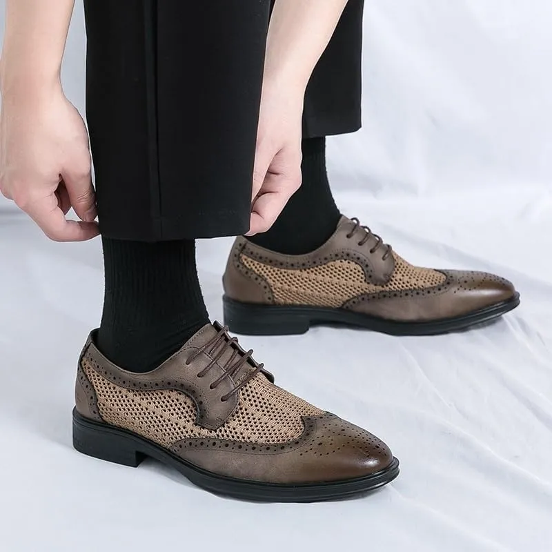 Summer Hollow Out Mesh Patchwork Leather Shoes Fashion Breathable Lace-up Loafers Shoes Casual Brogue Carved Business Men Shoes