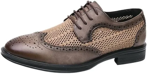 Summer Hollow Out Mesh Patchwork Leather Shoes Fashion Breathable Lace-up Loafers Shoes Casual Brogue Carved Business Men Shoes