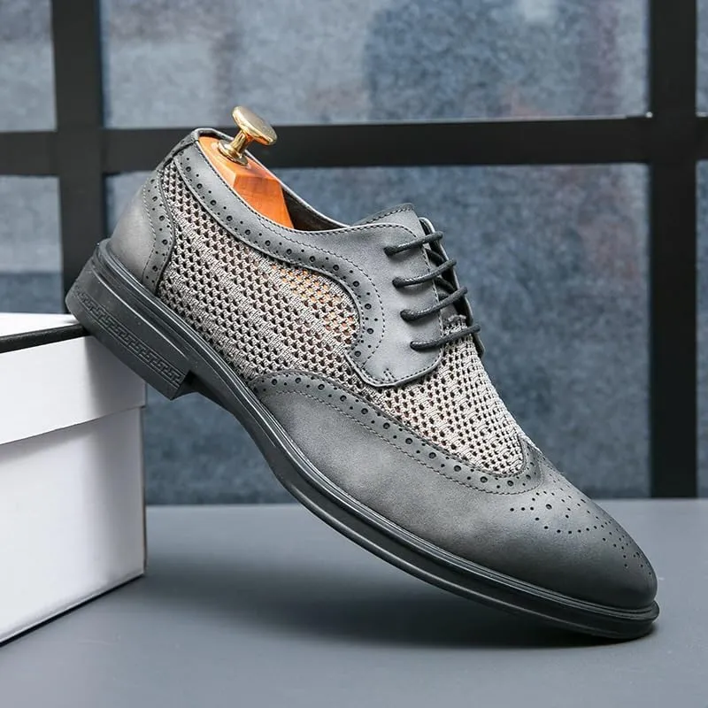 Summer Hollow Out Mesh Patchwork Leather Shoes Fashion Breathable Lace-up Loafers Shoes Casual Brogue Carved Business Men Shoes