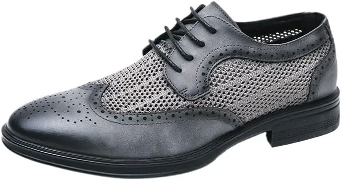 Summer Hollow Out Mesh Patchwork Leather Shoes Fashion Breathable Lace-up Loafers Shoes Casual Brogue Carved Business Men Shoes