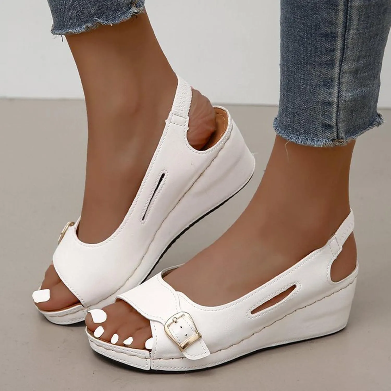 Summer Wedge Sandals for Women,Fashion Casual Fish Mouth Open Toe Buckle Hollow Roman Sandals Solid Comfortable Outdoor Ladies Shoes Sandalias